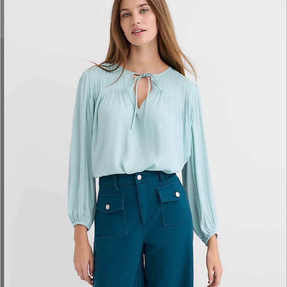 LOFT Mint Tie-Neck Pleated Yoke Blouse